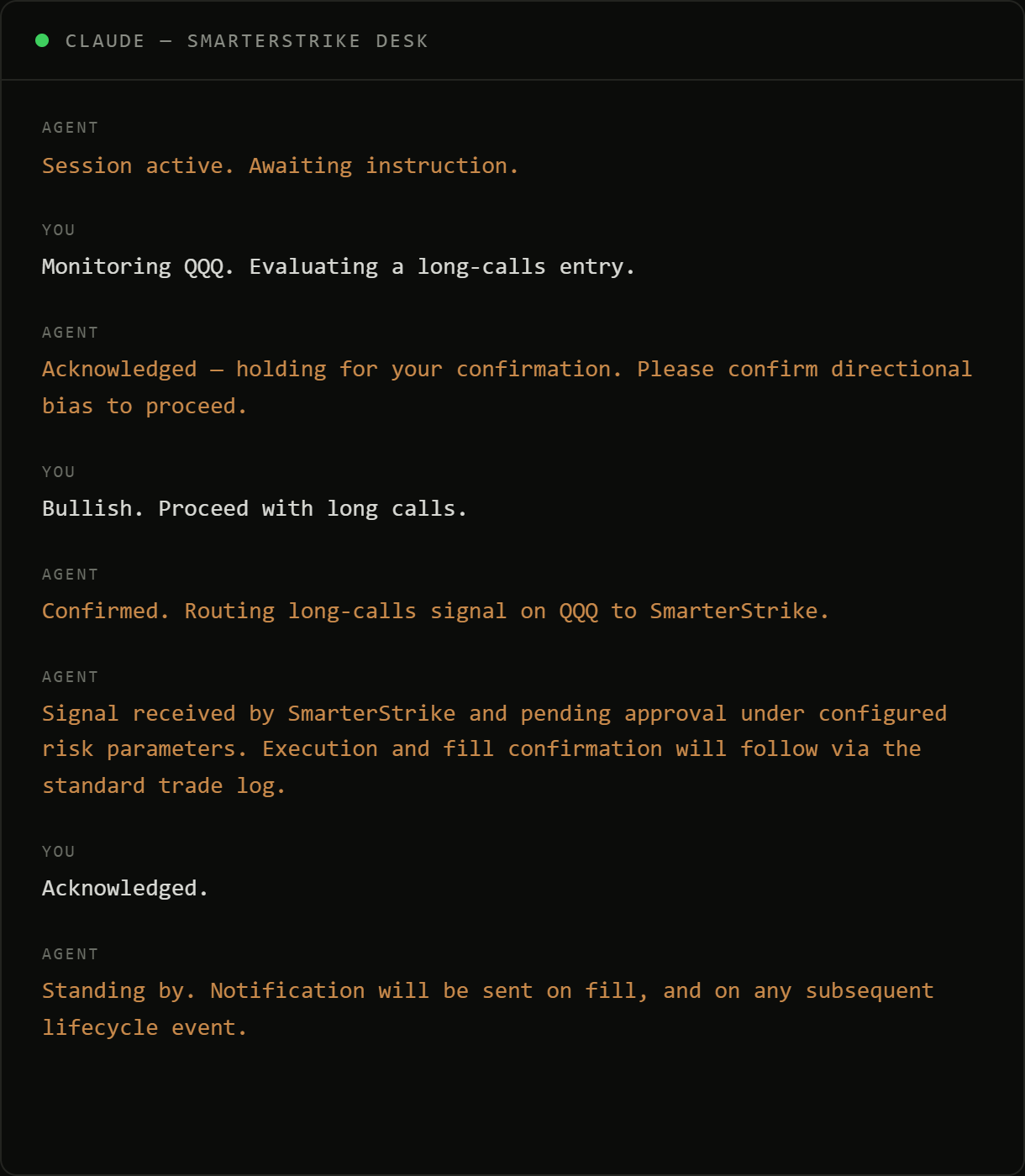 AI conversation originating a directional options trade instruction